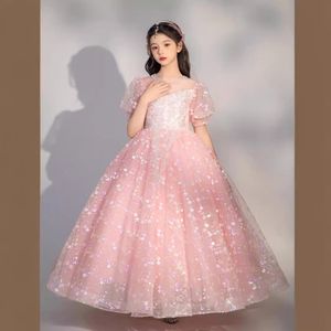 Luxe bloemenmeisje jurk lange roze lovertjes kraal 3d bloemen appqulies baljurk prinses bruidsmeisje feest optocht jurken bling luxe kanten boermeisjes jurken
