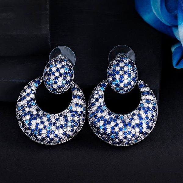 Luxueux charme français grand cercle diamant boucle d'oreille designer pour femme fête Full Blue AAA Cubic Zirconia sud-américain femmes boucles d'oreilles en argent cadeau taille 4cm
