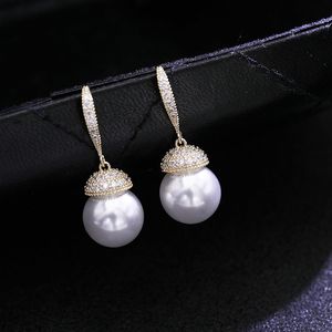 Luxe Zoetwater Bal Parel Druppel Oorbellen voor Vrouwen Luxe Echt Wit Goud Zirkoon Stud Bal Parel Oorbel Fijne Sieraden Cadeau Bruid Bruiloft Sieraden