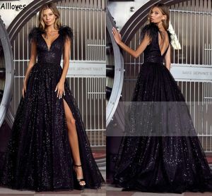 Lujosas pieles Bling Negro Lentejuelas Vestidos de baile Sexy Escote en V Lateral Dividir Árabe Aso Ebi Mujeres Vestidos de fiesta de noche formales Una línea Sin respaldo Occsaion especial Vestido CL1716