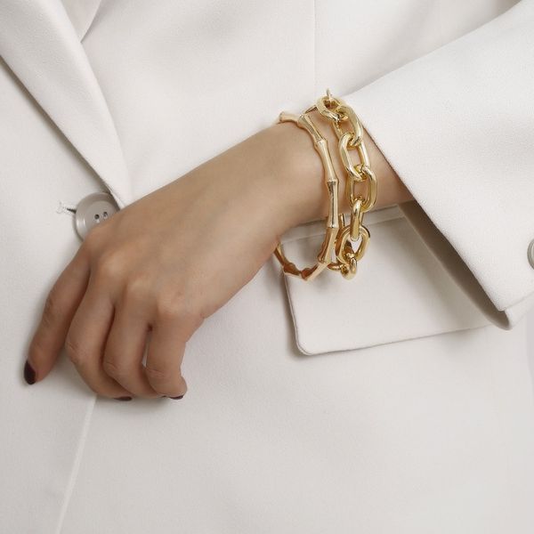 Lujosas pulseras de mano con cadena de metal dorado, diseño de dos estilos, bucle de bambú y cadenas de anillos grandes con eslabones de monedas, colores dorados y plateados