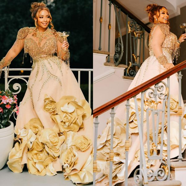 Luxueux Or Aso Ebi Robes De Bal Avec Train Détachable Grande Taille Perles Perles Dentelle Tulle Soirée Robe Formelle Fête D'anniversaire Promdress Fiançailles AM218