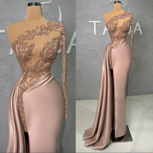 Luxe Goud Een Schouder Zeemeermin Prom Dresses Lange Mouwen Avondfeest Jurk Vestidos De Novia YD 328 328