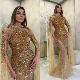 Luxe Gouden Lovertjes Avondjurken 2021 Lange Mouwen Arabische Dubai Sparkly Prom Jurken Handgemaakte Rode Tapijt Speciale Gelegenheid Jurk