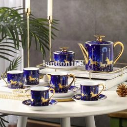 Lujoso juego de café con carrusel de color azul con borde dorado, tazas y platillos de porcelana china, juego de té de porcelana, juego de vajilla de cerámica de 15 piezas 261q