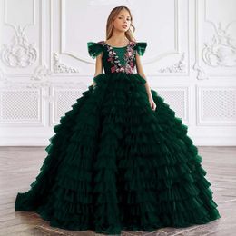 Luxe groene Tutu Bloemenmeisjesjurken Kant Kralen Tiers Tule baljurk Lilttle Kids Pageant Bruidsjurken Kinderen Tieners Pageant Jurken Verjaardagsfeestje Jurk Cooktail Jurk