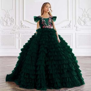 Lujosos vestidos de niña de flores con tutú verde Vestido de fiesta de tul con niveles de cuentas de encaje Vestidos de boda para desfile de niños pequeños Vestidos para desfile de adolescentes para niños Vestido de fiesta de cumpleaños Vestido de cola de cocinero