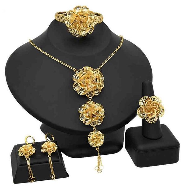 Lujosos conjuntos de joyas con relleno de oro africano de Dubái, flor hecha a mano, joyería de moda para mujer, regalo de dama de honor 276M