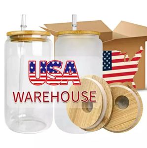 CA US Warehouse 16 oz Gasos de sublimación tazas de cerveza con tapas de bambú y tumblers de paja en blanco de bricolaje latas de transferencia de calor tazas heladas Jares Mason GG0423