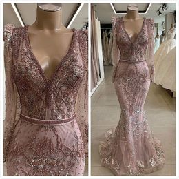 Luxueuse en dentelle perle african Dubaï Soirée longue manches longues Vneck Sirène de bal sirène vintage sexy robes de fête formelles 407 407