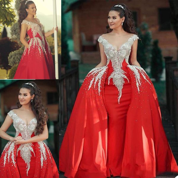 Robe de soirée luxueuse en dentelle perlée, rouge brillant, manches courtes, décolleté en V profond, style sirène, coupe cintrée, robes de bal, 2021