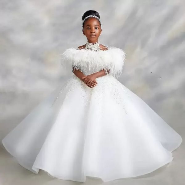 Luxueux Dentelle Perlée Robes De Fille De Fleur Robe De Bal Sheer Cou Cristaux Organza Lilttle Enfants Anniversaire Pageant Robes De Mariage