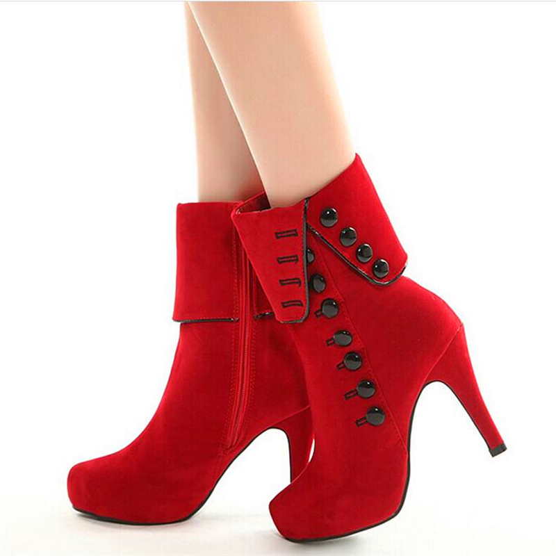 Роскошный Большой Размер 35-43 Женщины Ботильоны Высокие Каблуки Мода Красные Туфли Женщина Платформа Стадо Пряжки Сапоги Женская Обувь Женский