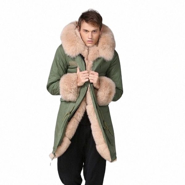 Lujosa LG Fur Parka Beige Forro de piel sintética Fox Fur Puños Chaqueta para hombres Invierno Grueso Cálido Talla grande Abrigo Reino Unido Estilo Y6ae #