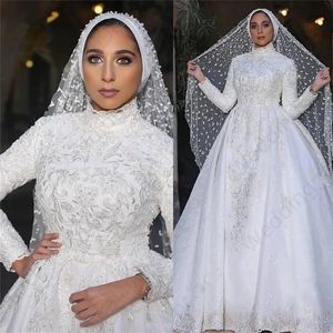 Luxe Arabische trouwjurken met lange mouwen, luxe satijnen vestidos de noiva, a-lijn bloemen, kristalborduurwerk, kant, grote maten trouwjurk, bruidsjurk, gewaad, vestidos