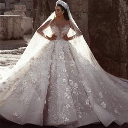 Lujosos Vestidos de novia de manga larga Vestidos de novia vestido de baile flores cuentas de cristal vestido de novia de talla grande vestido de novia Robe303D
