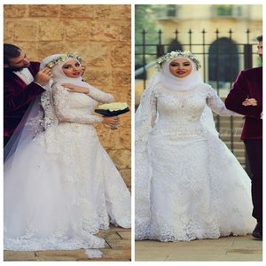 Robes de mariée luxueuses à manches longues sirène avec train détachable Appliques en dentelle robes de mariée musulmanes personnalisées luxueuses