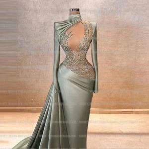 Luxe zeemeermin avondjurken voor vrouw satijnen glanzende hoge nek lange mouw formeel feest prom jurken 2024 Vestido 240401