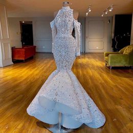 Sirène de luxe superbe robes de mariée de dubaï col haut cristaux perlés vestido de noiva manches longues robes de mariée