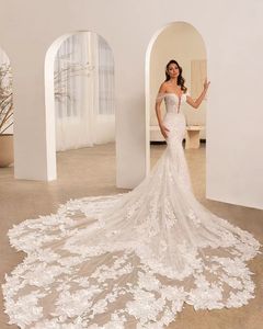 Vestidos De novia De sirena De lujo, vestidos De novia con apliques De encaje y hombros descubiertos, Vestidos De novia sexis con botones en la espalda, Vestidos De mujer largos De Mariee