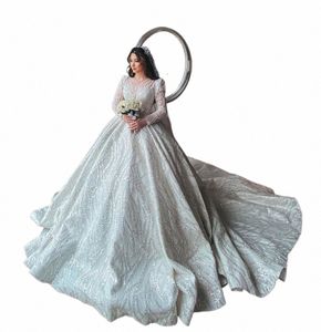 Luxueux robe de bal musulmane de mariage Dres 2024 Bling Sparkly Paillettes col en V Lg manches Robe Casamento dentelle robes de mariée N9of #