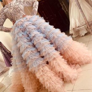 Luxe Moslim Avondjurken met Tiered Ruches 2021 Kant Kralen Lange Mouw Prom Gowns Elegant Red Carpet Celebrity Jurk
