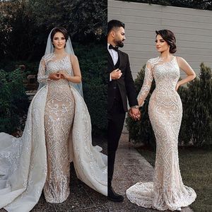 Luxe One Shoulder Mermaid Wedding Jurken Lace Applique Bridal Troogs Custom Made Plus Size Disachable Train Formele kleding Robe de Soiree