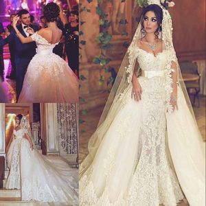 Perles de luxe robe de mariée sirène avec surjupe hors épaule perles dentelle florale appliques robe de mariée robes de mariée saoudiennes glamour