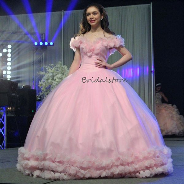 Lujosos vestidos de quinceañera florales rosados en 3D 2024 con hombros descubiertos Vestido de fiesta Vestido De 15 años con cordones Vestidos Para Mujer Vestidos De Gala Debutantes Mascarada Prom