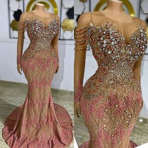 Luxe roze aso ebi prom jurken zeemeermin kanten kralen kristallen applique lovertjes avondjurken