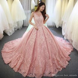 Robe de bal rose de luxe robes de Quinceanera appliques dentelle douce 16 robe encolure dégagée robe de fête longue tulle robes de bal formelles DH4157