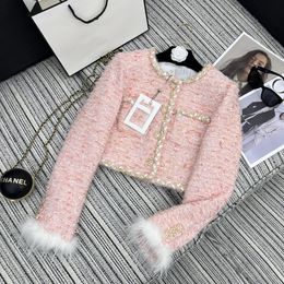 Envío Gratis, lujoso abrigo rosa con cuello redondo y mangas largas de Tweed para mujer, abrigos cortos con plumas de avestruz, mezcla de lana, chaquetas para mujer dh22207