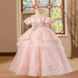 Robes de fleurs roses luxueuses brillantes bling tutu en dentelle en dentelle en dentelle tulle lilttle enfants anniversaire marins