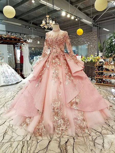 Luxurious Pink Lace A Línea Vestidos de novia con mangas largas 3d Floral Sweet Tall Sweet Train Gowns Fiest Fiest Robe de matrimonio