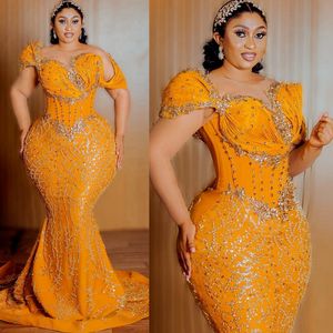 Robes de bal luxueuses grande taille longue orange col transparent manches longues en dentelle sirène illusion robe de soirée formelle pour occasions spéciales robes de fiançailles AM316