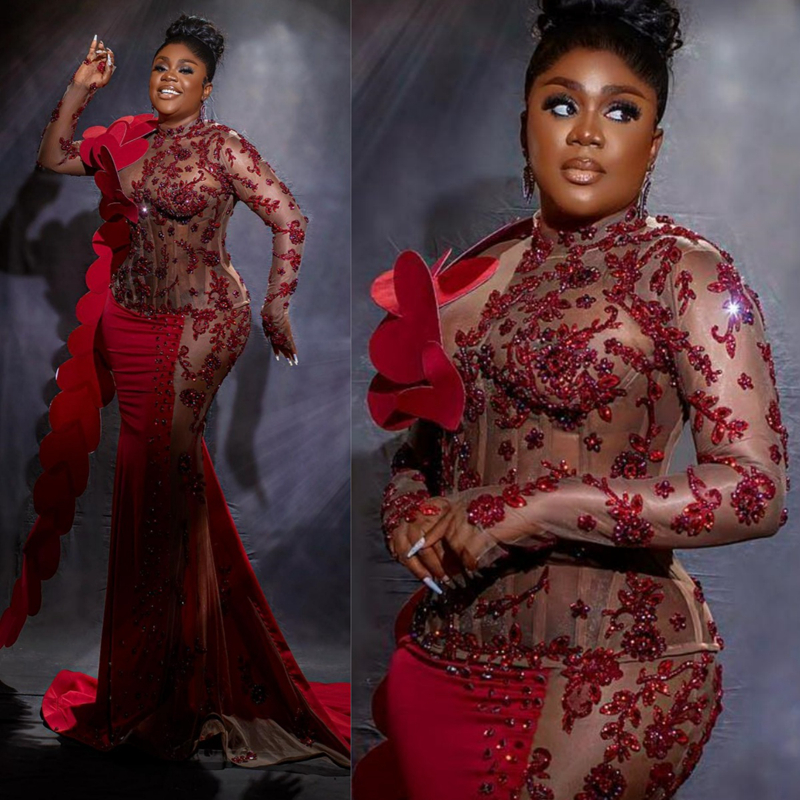 Luxueux grande taille Aso Ebi robes de bal illusion dentelle sirène manches longues cristaux robes de soirée élégantes pour les occasions spéciales deuxième robe de réception NL339