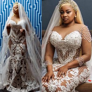 Luxueux grande taille Aso Ebi robes de mariée sirène col transparent perles manches longues robes de mariée élégantes pour les femmes noires africainesRobe pour les mariées style arabe D073