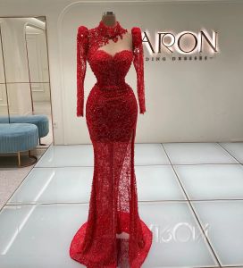 Luxueux Rouge Arabe Robes De Soirée Vintage Col Haut À Manches Longues Sheer Illusion Perles Paillettes Split Celebrity Occasion Robes De Soirée Robe De Bal Sur Mesure BC15442