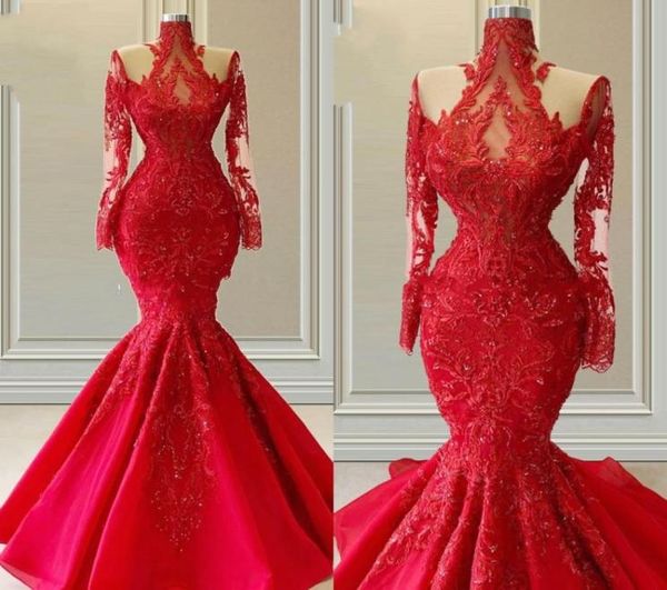 Lujosos vestidos de encaje rojo ropa de noche de prensa sirena ilusión de manga larga collar de cuello