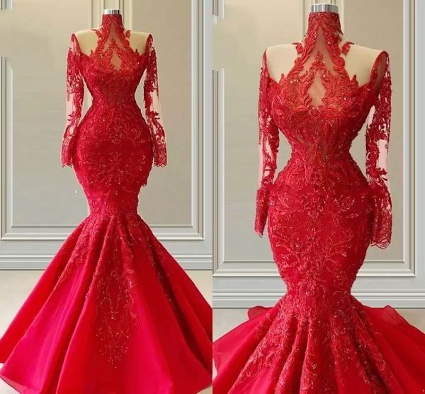 Lujosos vestidos de encaje rojo Ropa de noche Sirena Vestido de fiesta Ilusión Manga larga Cuello alto Con cuentas Desfile Madre de la novia Fiesta 2023