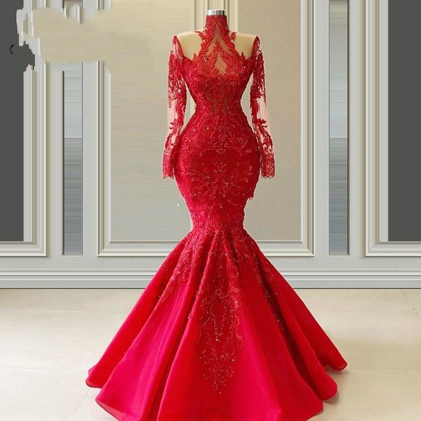 Lujosos vestidos de encaje rojo Noche Mujer Sirena Vestido de fiesta Ilusión Manga larga Cuello alto Con cuentas Pageant Madre de la novia Fiesta de talla grande