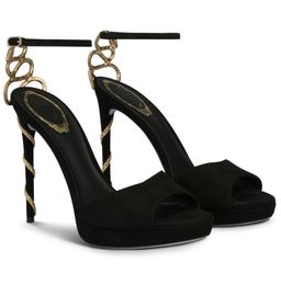 Luxe Renescaovillas Morgana Sandalen schoenen Gold Crystal Snake Wrapped Black Hoge Heels Suede Lederen Lady Gladiator Sandalias Jurk Bruidaal bruiloft 35-43