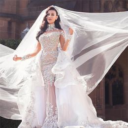 Luxe Rhinestone Crystal Wedding Jurken Hoge nek kralen applique lange mouwen zeemeermin bruidsjurk Dubai trouwjurk 2022