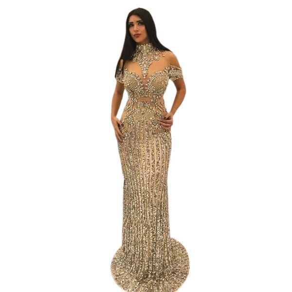 Lujosos cristales de diamantes de imitación sirena vestidos de baile cuello alto cuentas manga corta brillante impresionante Dubai celebridad vestidos de noche