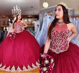 Luxe Rhinestones Kralen Sweet 16 Jurken Baljurk Hoge Hals Gold Applique Tule Vestidos de Quinceañera Prom Dress Quinceanera Goedkoop