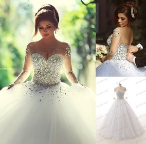 Luxueux strass cristal robe de bal robes de mariée Vintage O cou manches longues dos nu grande taille longueur au sol robes de mariée263t
