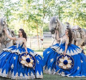 Luxueux bleu royal et or bal robes de Quinceanera mancherons courtes appliques dentelle robes de bal grande taille pour les femmes occasion spéciale douce 16 robe de bal