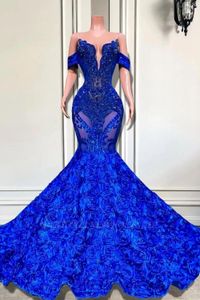 Luxe Royal Blue Mermaid Prom Dresses Elegant Off Shoulder Lace Pools Appliques Cascading Rose Flowers Lange avondjurken Formele OCN Vestidos BC18313