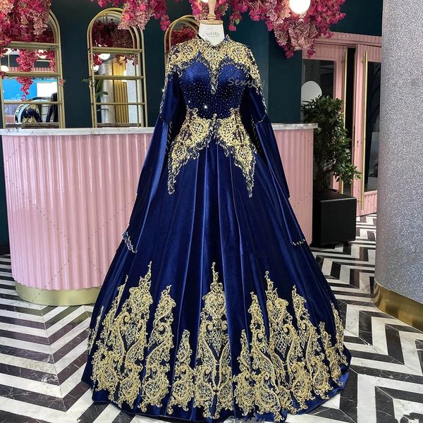 Luxueux bleu royal marocain robes De soirée musulman col haut Turish robes De bal avec Caftan manches cape Robe De Mariage