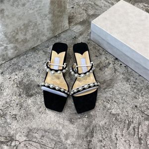 Luxe Sandalen Vrouwen Een Woord Riem Parel Slippers Chunky Hakken Mule Vierkante Teen Zomer Hakken Party Wedding Slidesh 35 -40